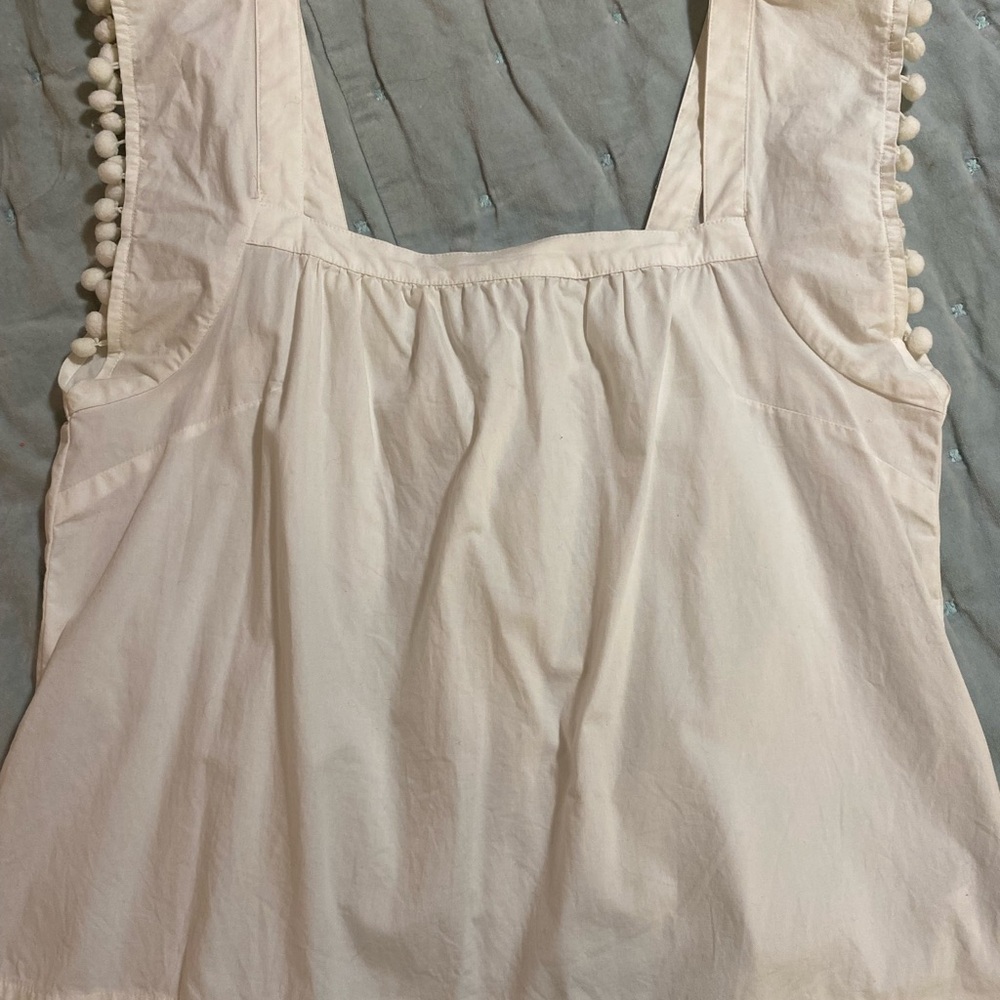J Crew White Sleeveless Top with Pom Pom Trim